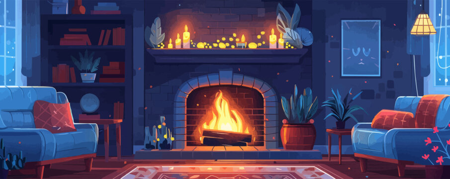 A cozy fireplace with crackling flames warming a living room. Vector flat minimalistic isolated illustration.