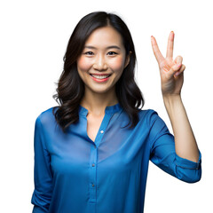 Smiling woman showing peace sign on transparent background