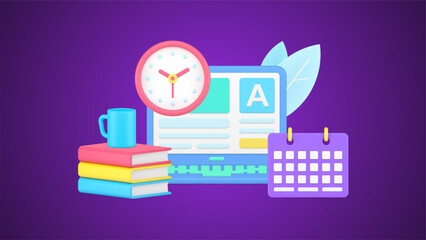 Internet exam laptop user interface with wall watch and schedule 3d icon isometric vector