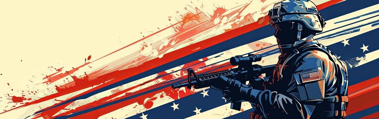 Patriotic US Soldier with Flag, Stylized Heroic Art