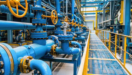 Factory uses blue pipes, yellow valves for gas production, steel casing, composite material