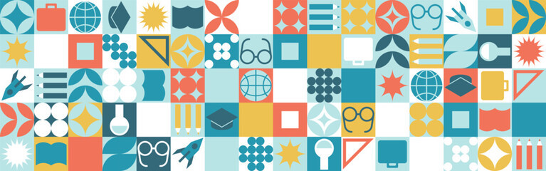 School seamless background for a stand made of geometric shapes, colored mosaic in a trendy style. Student and office worker template for wallpaper and web cover - globe, book. glasses, pencils.