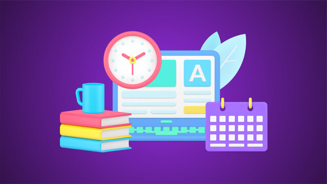 Internet exam laptop user interface with wall watch and schedule 3d icon isometric vector