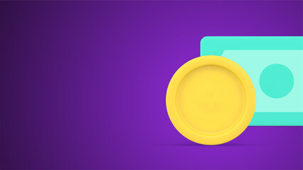 Cash money USD banknote dollar golden coin financial investment salary wage profit 3d icon vector