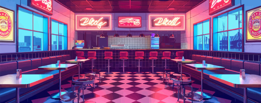 Retro diner with neon signs and checkered floors Vector flat minimalistic isolated illustration