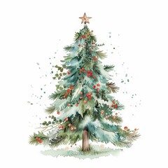 Fototapeta premium Watercolor clipart of a festive Christmas tree isolated on white background Perfect for holiday decorations and festive designs