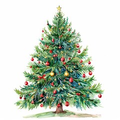 Fototapeta premium Watercolor clipart of a festive Christmas tree isolated on white background Perfect for holiday decorations and festive designs