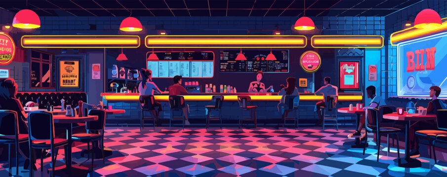 Retro jukebox with glowing lights and music notes. Vector flat minimalistic isolated