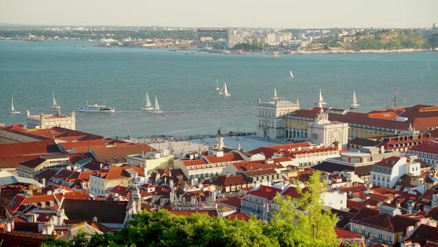 Beautiful Sunset Panorama Over Lisbon From Saint Jorge Castle. Castelo de Sao Jorge, Lisbon Portugal