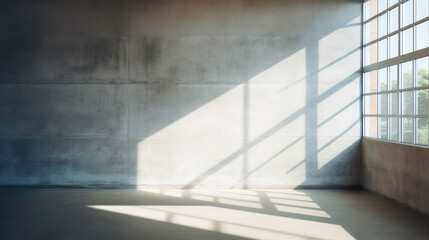 Obraz premium Empty room in grunge style used concrete walls and floor with interesting reflection from window. Interior environment background for presentation. Generative AI