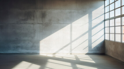 Obraz premium Empty room in grunge style used concrete walls and floor with interesting reflection from window. Interior environment background for presentation. Generative AI