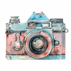 High-quality watercolor clipart featuring a vintage camera, isolated on a white background