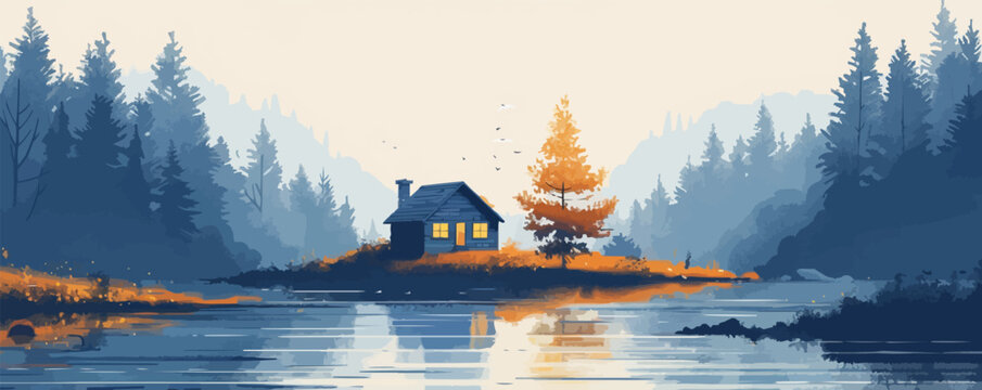 Serene mountain landscape with a serene alpine lake Vector flat minimalistic isolated illustration