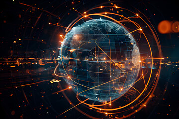 Fototapeta premium Earth globe, telecommunication and data transfer networks with global internet and artificial intelligence connectivity for communication technology.