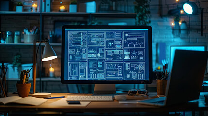 Wireframe designs, whether digital or on paper, showcased on a laptop screen for web or mobile app UI/UX display. A panoramic view captures the developer workspace