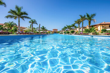 The scene features a vast swimming pool enclosed by palm trees under the bright sun