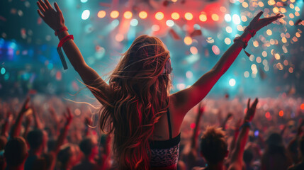 A woman with arms raised enjoying a vibrant concert, surrounded by a cheering crowd and colorful stage lights.