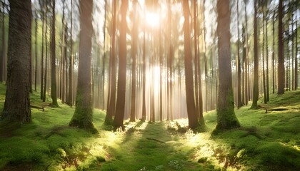 a high-quality, blurred forest background with sunlight filtering through the trees
