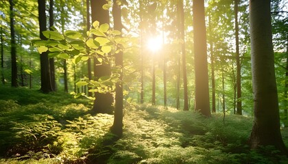 a high-quality, blurred forest background with sunlight filtering through the trees