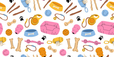 Fototapeta na wymiar Dog toys seamless pattern. Pets supplies, playing accessories for puppy. knotted rope, ball, collar, chewing items, squeaky ball, bowl. Flat vector cartoon background isolated on white background