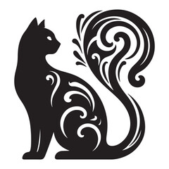 Elegant black cat silhouette with ornate swirling tail and body details