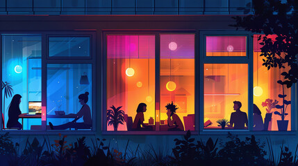 Residents in adjacent windows. Animated figures in their flats engaged in activities