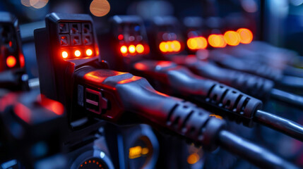 Close-up of multiple electric car charging stations with illuminated LED lights, emphasizing the technology and clean energy.
