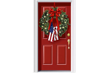 Fototapeta premium Red Door With A Wreath And American Flags Hanging From It, Clipart, Illustrations , Isolated On A Transparent Background. 