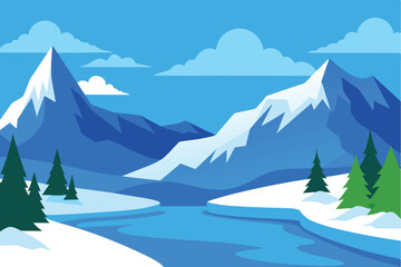 Landscape of a winter lake, mountains and forest. Beautiful winter lake against the background of forest, snowdrifts, high mountains, blue sky and large clouds vector illustration