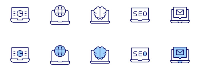 Laptop icons. Duotone style. Line style. Editable stroke. Vector illustration, mail, internet, brain, seo and web, pie chart.