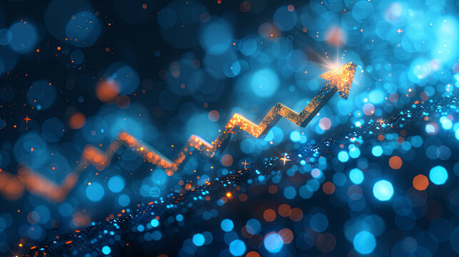 A blue growth graph on a business chart displaying data and success metrics, set against a financial presentation background. The abstract up arrow symbol represents finance, marketing