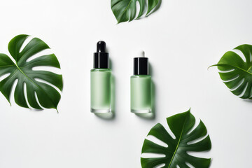 two dropper bottles with beauty serum on white surrounding monstera leaves. Trendy skin care product advertisement