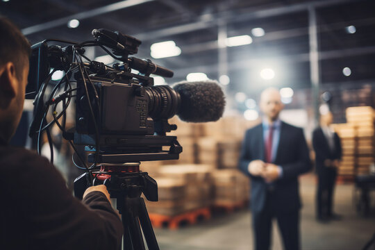 Professional reporter journalist in front of camera making breaking news reportage Generative AI picture