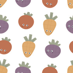 Seamless pattern with cartoon vegetables, decor elements. colorful vector. hand drawing, flat style. design for fabric, print, textile, wrapper