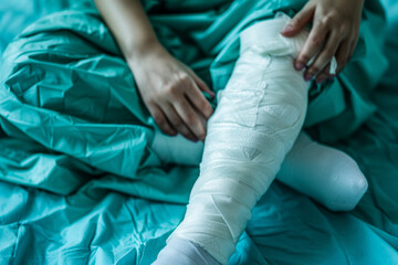 Generated AI image of man with broken limb and gypsum bandage on foot
