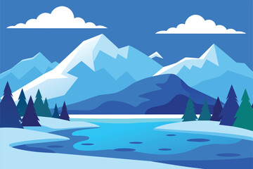 Landscape of a winter lake, mountains and forest. Beautiful winter lake against the background of forest, snowdrifts, high mountains, blue sky and large clouds vector illustration