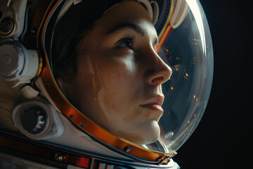 Closeup Generative AI picture of astronaut male female floating through space galaxy planet moon stars