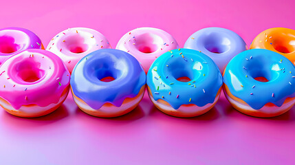 Row of colorful donuts with sprinkles celebrating national donut day on pink background