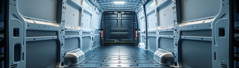 The interior of an empty cargo van, with clean, minimalist design and soft light filtering in, highlighting the spacious and versatile interior