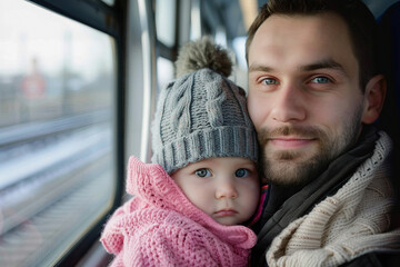 Obraz premium Excited family having car train bus travel trip vacation time, Generative AI illustration