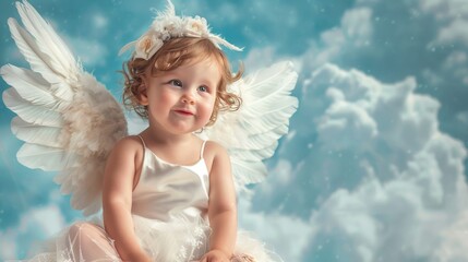Picture a sweet baby angel with wings, surrounded by a dreamy cloudfilled sky, radiating innocence and heavenly beauty