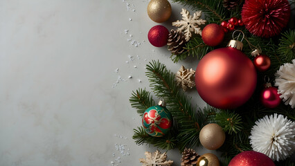 An elegant Christmas composition with pine branches, balls, and cones on a marble background, emitting holiday cheer