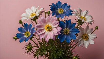 A vibrant bouquet of cosmos and daisies with striking blue and white flowers against a soft pink background