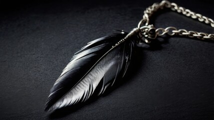 Single crow feather silver necklace on black background