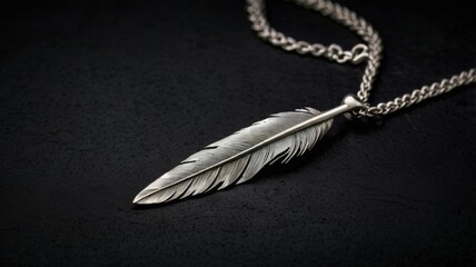 Single crow feather silver necklace on black background