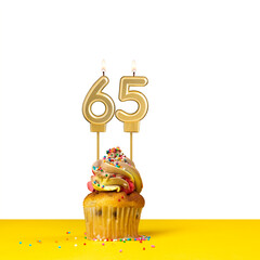 Birthday candle number 65 - Cupcake on white background