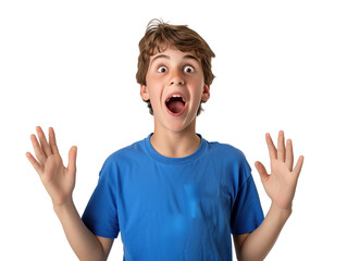 Portrait of a Caucasian teenage boy in blue t-shirt looking surprised and happy against a white background.