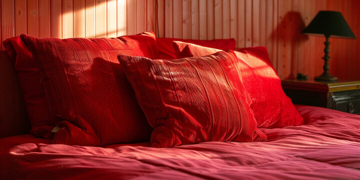 bed in a hotel with red beed sheet and pillow  with sunshine background