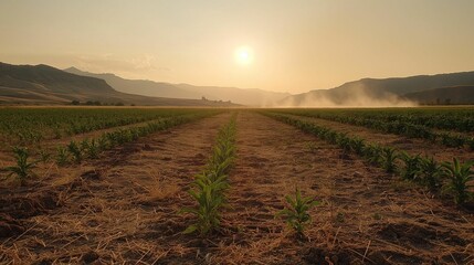 AI generated illustration of rows of young crops growing in a field with mountains