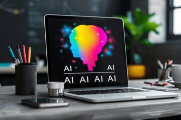 AI brain interface on laptop screen, representing advanced technology, digital innovation, and artificial intelligence in a modern workspace